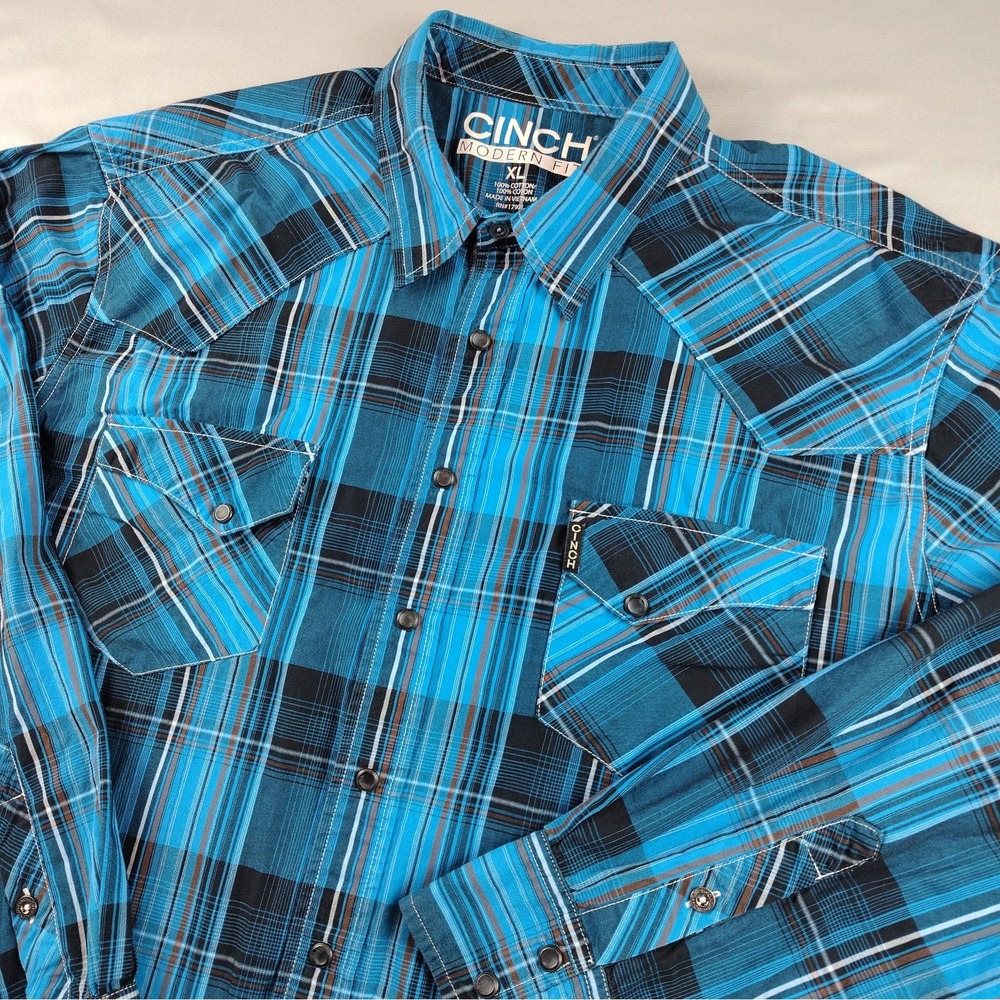 Cinch Modern Fit Western Shirt Men's XL Blue Plaid Snap Long Sleeve Cowboy